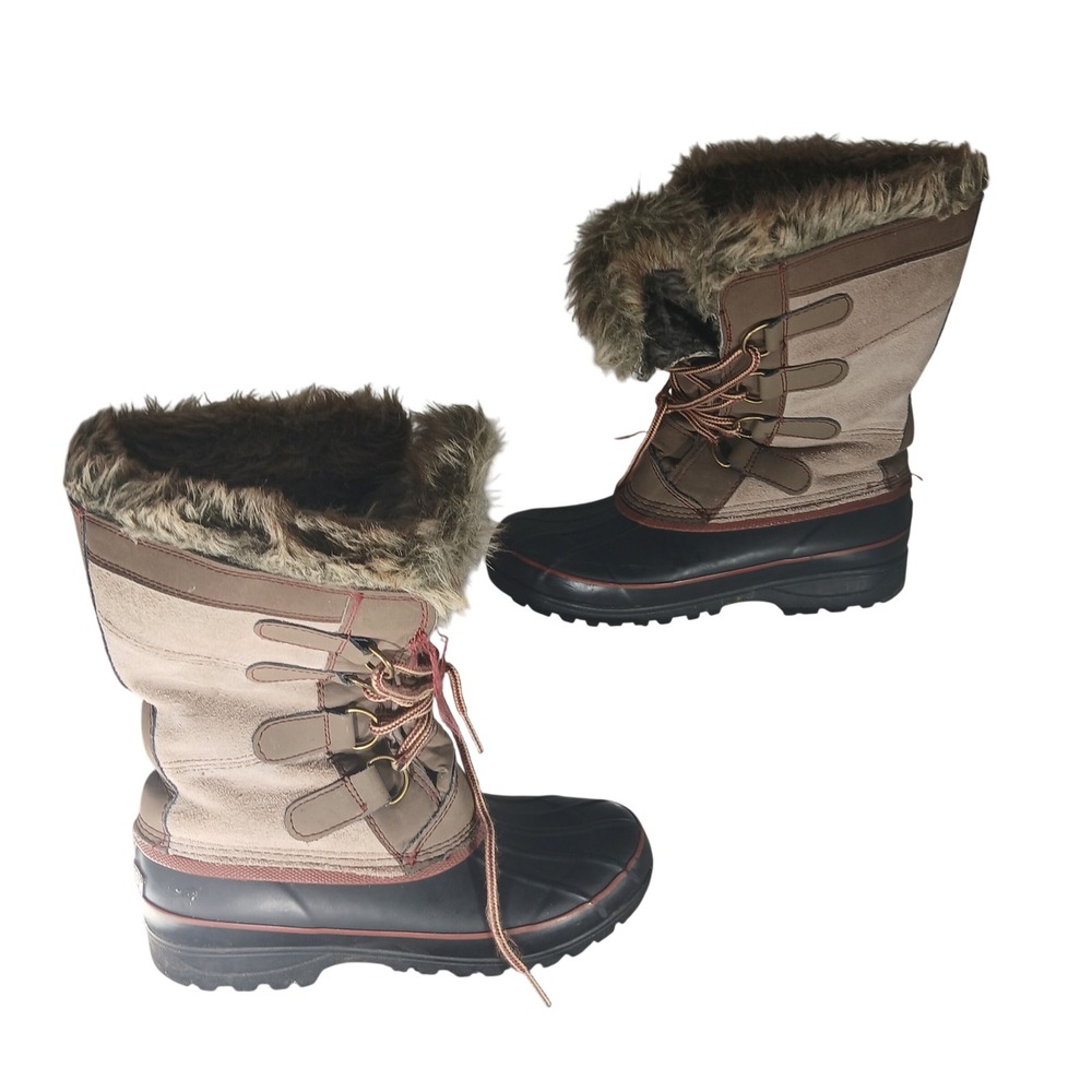 Khombu Womens Brown Faux Fur Trim Waterproof Winter Duck Boots Size 7 X16